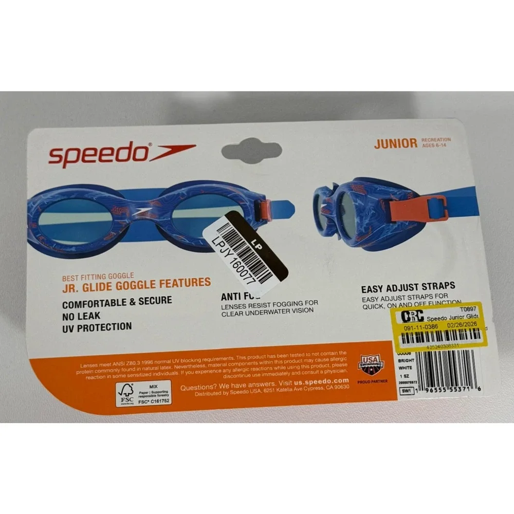Speedo Junior Glide Print Swim Goggles Ages 6-14 Easy Adjust Straps UV Protect